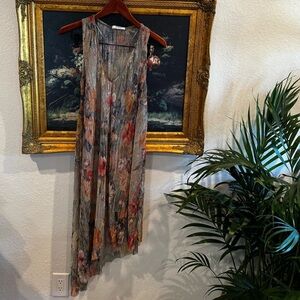 Zara Mettalic Vintage Floral Asymmetric Semi-Sheer Midi Dress Sleeveless Small
